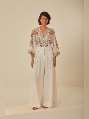 Farm Rio White Linen Pleat Pants